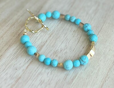 Beautiful Turquoise Howlite bracelet with 18k gold toggle lariat and Hematite Gold Accents, with gift bag, custom sized - image2